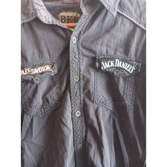 BKE Mens Athletic Fit Black Striped Button-Down Shirt With Harley-Davidson. L - Picture 3 of 7